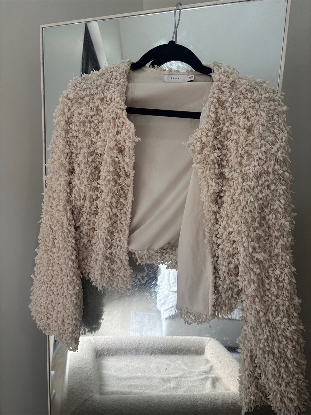 Lush Beige Faux-Sherpa Open Front Teddy Jacket